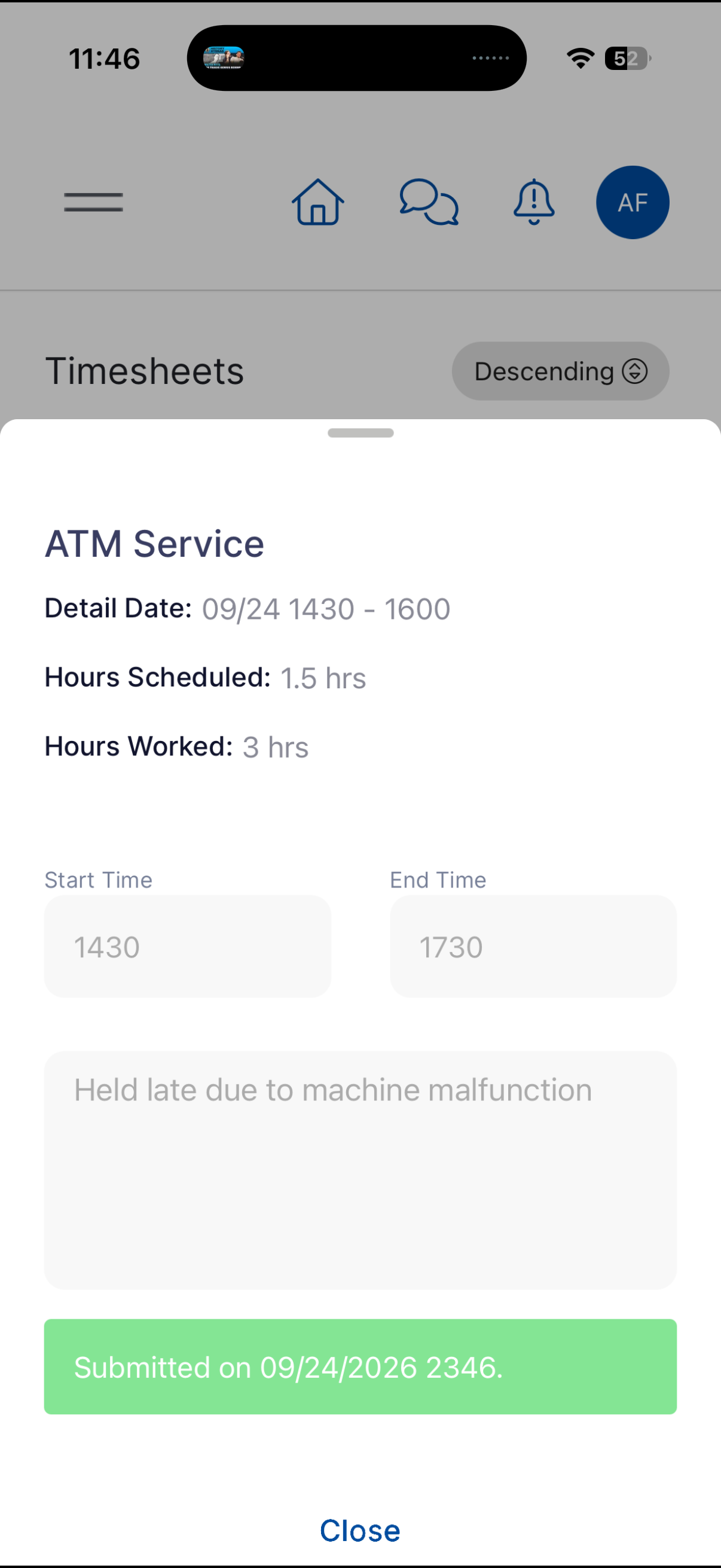 Officer app showing a submitted timesheet with worked hours